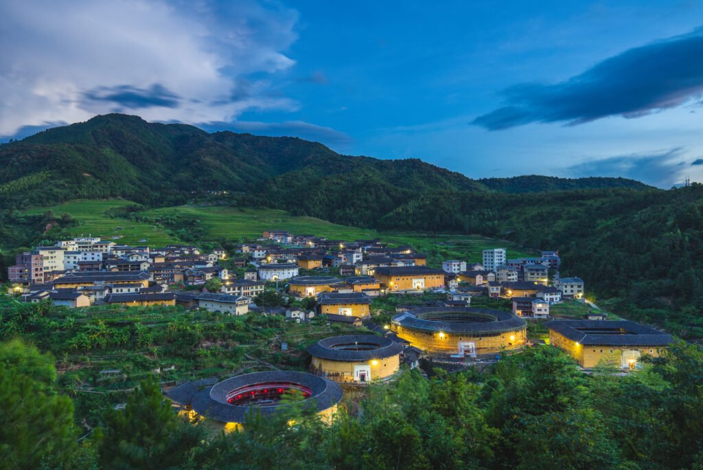 aerial view of chuxi tulou cluster in fujian, china