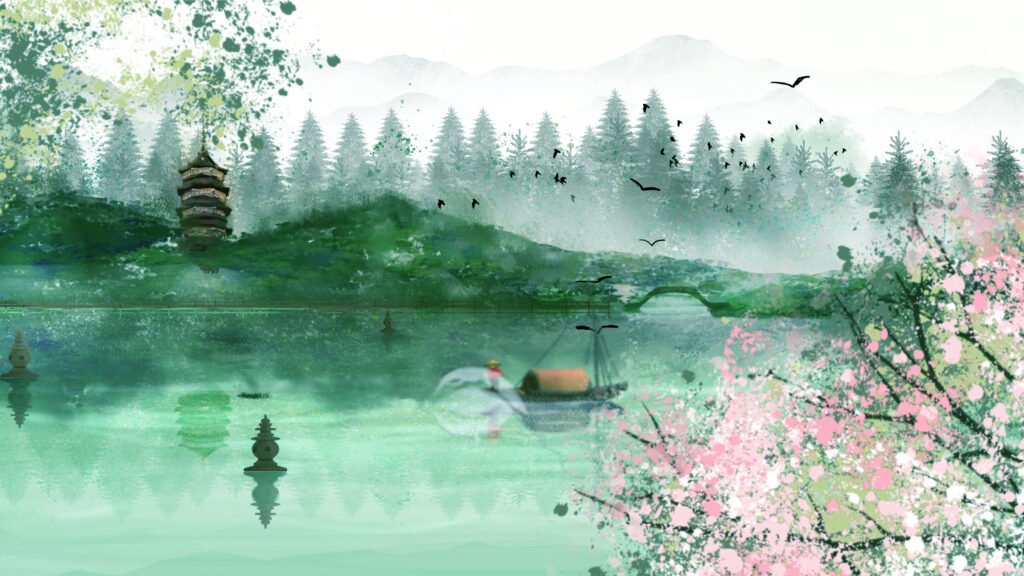 千库网 城市建筑杭州西湖古风水墨唯美治愈花朵花 插画编号77503